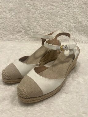 Cole Haan Cloudfeel Espadrille Wedge in White Linen/Natural size 10.5
